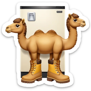 A camel face with long eyelashes on top of a boxy white refrigerator body, with four yellow-brown Timberland boots at the bottom sticker