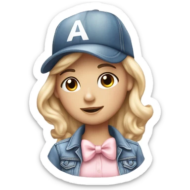 A white beautiful girl wearing denim baseball cap and a soft pink bow tie sticker