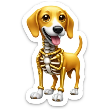Skellington made out of chrome with the golden smile holding a wiener dog dressed up as a hotdog sticker