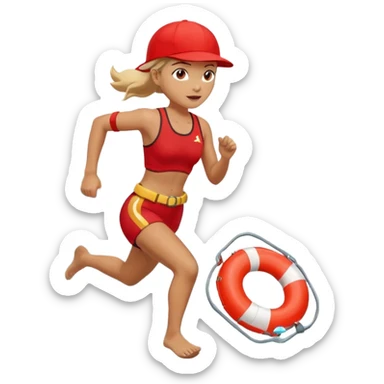 Female lifeguard – red cap, running along shore with rescue buoy sticker