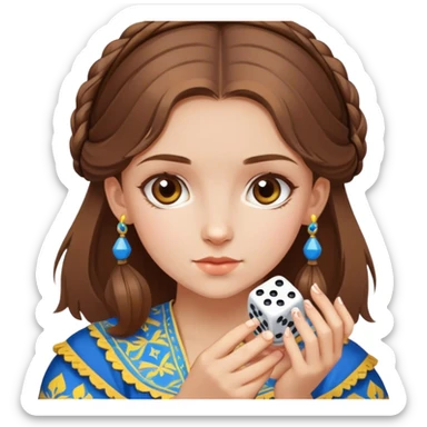 українська дівчина з каштановим волоссям у вишиванці тримає в руці гральний кубик sticker