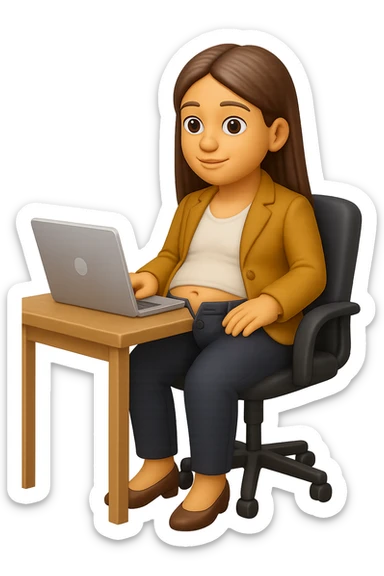 emoji stile iphone di una donna seduta alla scrivania dell'ufficio in completo elegante con i pantaloni sbottonati perché ha la pancia gonfia, falla a corpo intero, iperrealistico 4k sticker