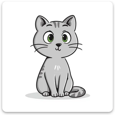 Elegant gray cat with smooth fur, large green eyes, serene attentive expression, sitting facing camera, soft lighting sticker