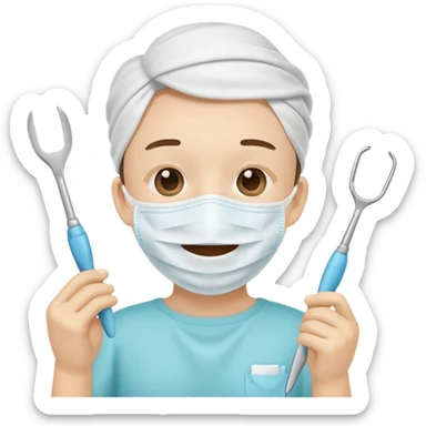 Cute tooth character wearing a face mask, holding dental tools, friendly and clean emoji style, flat illustration, simple design, white background. sticker