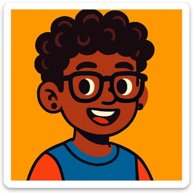 boy with curly hair and brown skin, wearing black glasses and earrings, modern friendly illustration style sticker