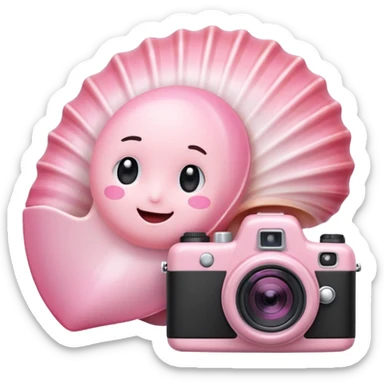 A cute seashell emoji with a tiny camera next to it, symbolizing capturing beach memories. Playful, modern emoji style, soft pastel colors, white background. sticker