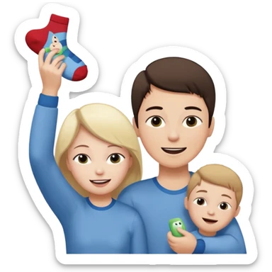 Create an emoji scene where a woman has fainted and a boy is making her smell his socks. sticker