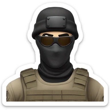 White male, call of duty black mask, camo tactical gear, tan combat boots, black beanie, blue eyes sticker
