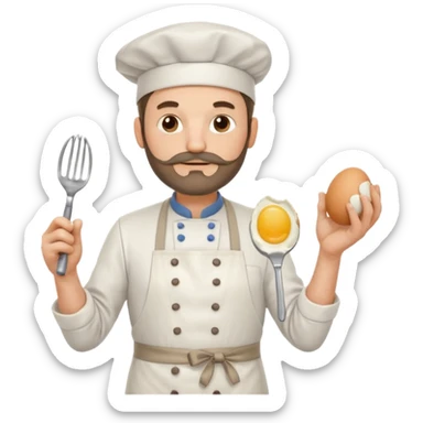 Middle aged male pastry chef - with a small beard, apron, white hat, holding an egg beater in his right hand, and his left hand naturally hanging down to his side sticker