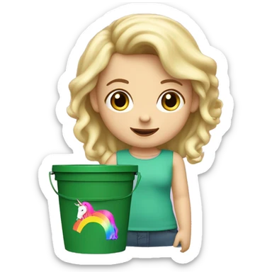 Caucasian female two year-old with blonde hair, ￼￼ writing, a pink unicorn with rainbow colored hair inside of a green bucket sticker