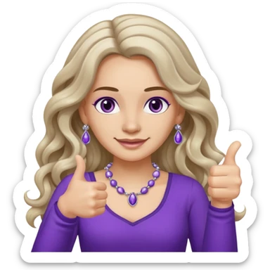 lady with long wavy русые hair, purple top, коричневыми eyes, thumbs up, с бусами белые и серебром на шее sticker