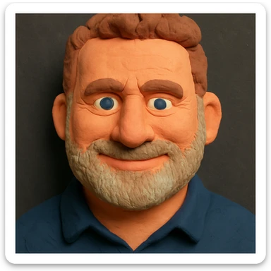 Claymation portrait of the user's face with a slightly larger forehead, friendly and confident facial expression, background in anthracite color. sticker