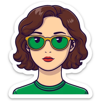 woman with pale skin, brown wavy hair, green eyes, gold glasses sticker