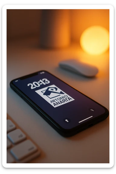 A photo of an iPhone on the desk with the message "Antonio Anania" on its screen, The phone sits atop a desk with a blurred background that suggests work environment. A faint glow from above casts gentle shadows across the surface of each object, creating depth and highlighting their textures sticker