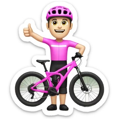 mountain biker with white skin, on pink bike with thumb up sticker