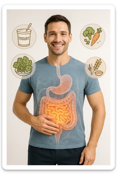 a fit, smiling man stands confidently with one hand on his abdomen. A transparent overlay reveals a healthy, detailed digestive tract with a glowing, vibrant intestine. Around him, icons of healthy foods like yogurt, vegetables, and whole grains float, symbolizing good gut health. The background is clean and bright, with an educational mood. sticker