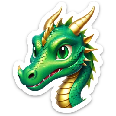 Cinematic Cute Dragon Portrait Emoji, Head tilted playfully and inquisitively, featuring a sleek, serpentine form adorned with iridescent scales that shift between emerald and gold, a delicate set of subtle horns, and round, sparkling eyes full of curious magic; rendered with realistic detail and warm natural light, high shine, affectionate and enchanting, styled with a touch of whimsical fantasy, soft glowing outline, capturing the essence of a mischievous yet lovable dragon that seems poised to slither playfully into your arms! sticker