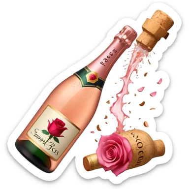 bottle of sparkling rosé champagne with a rose logo on the label, with the cork exploding out from the top, tilted up and to the left, no glass sticker
