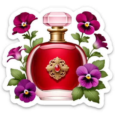 "An antique-inspired red perfume flacon with intricate details rests among blooming quartz pink pansies. The scene exudes timeless elegance with a touch of rustic beauty." sticker
