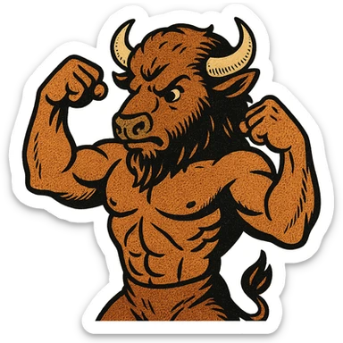A buffalo from the American West looking big and strong flexing his muscles like a human sticker