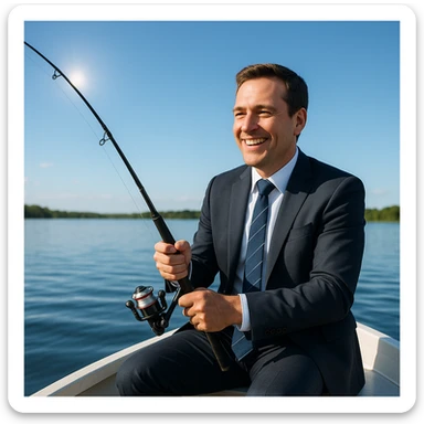 businessman in formal clothes fishing on a boat, smiling, sunny weather sticker