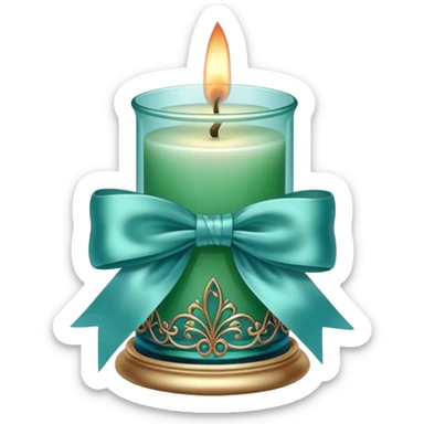 A soft blue candle in an ornate green glass holder, tied with a delicate satin blue bow. sticker