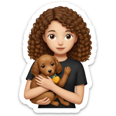 A girl with shoulder-length hair, dressed in a black tee, gently holding a curly-haired brown dog in her arms." sticker