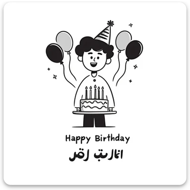 A cute little boy smiling with a birthday cake with candles and birthday decorations like balloons and party hats. At the bottom write in Persian text: "امیدرضاجان تولدت مبارک" sticker