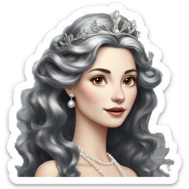 Regal pretty slender middle age woman photograph defined cheekbones high cheekbones crown vintage with very long iridescent black and silver hair wavy long hair pearl crown iridescent sticker