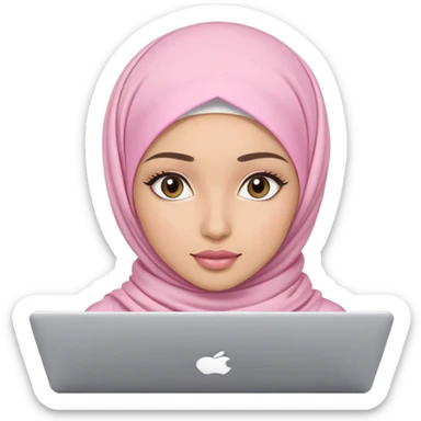 Light skin woman wearing light pink hijab with natural makeup, long eyelashes and lip gloss working behind laptop sticker