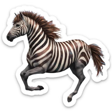 Ethereal zebra newspaper cutting flowers graffiti magazine collage glittering iridescent rich chestnut brown blue mane horse galloping through constellations and nebulas, unicorn Pegasus sticker