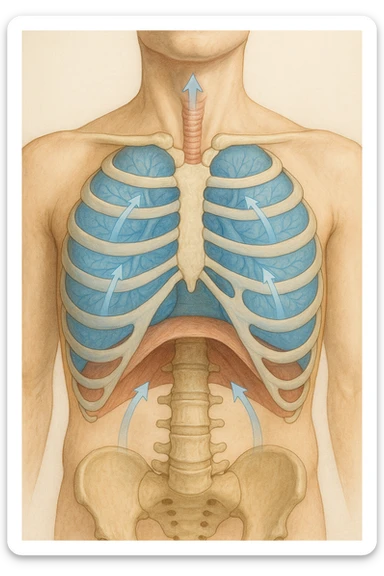 A realistic, high-quality anatomical illustration showing a human torso with visible rib cage and diaphragm. The ribs are shown in a decompressed, expanded state, allowing full lung expansion, while the diaphragm is depicted as relaxed and lowered, indicating deep, efficient breathing. Soft blue and warm tones highlight airflow and lung capacity, with light arrows illustrating the air movement during diaphragmatic breathing. The image conveys a sense of calm, openness, and optimal breathing mechanics, useful for physiotherapy, breathing education, and osteopathic learning contexts sticker