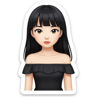 Asian woman with long black hair, straight bangs, black off-shoulder dress, and visible makeup sticker