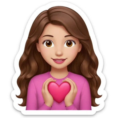 girl with long wavy brown hair, brown eyes, light to medium complexion, in a pink shirt, pink lips, long lashes, smiling, hugging a heart sticker