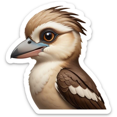 Cinematic Noble Kookaburra Portrait Emoji, Poised and regal, with a stout, robust build and a striking plumage of earthy browns and creams, a strong beak and deep-set soulful eyes, Simplified yet sharp and sophisticated features, highly detailed, glowing with a soft, dignified glow, high shine, intelligent and exuberant, stylized with an air of native woodland majesty, focused and attentive, soft glowing outline, capturing the essence of a watchful and confident bird, so majestic it feels as though it could laugh out of the screen with effortless authority! sticker