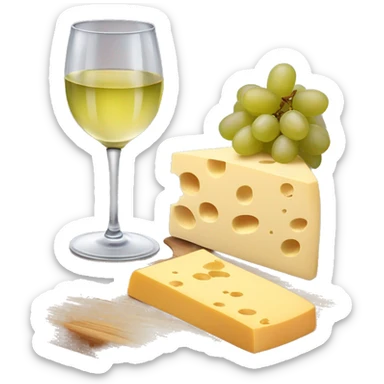 Wooden board with different kind of cheese, grapes and a glass of white wine sticker