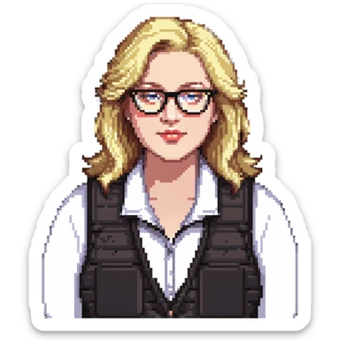 Plus size blonde person wearing glasses and a vest sticker