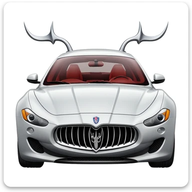 stylized emoji of a Maserati car with exaggerated curves, iconic grille and trident badge, vibrant shading, minimalistic lines, on a light gray background, focusing on elegance and motion sticker