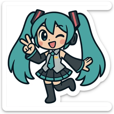 Hatsune Miku, kawaii pose, big eyes, teal pigtails, idol outfit sticker