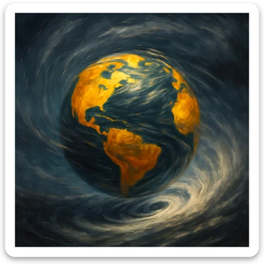 yellow globe spinning in a hurricane, dynamic motion, swirling wind, dramatic atmosphere sticker