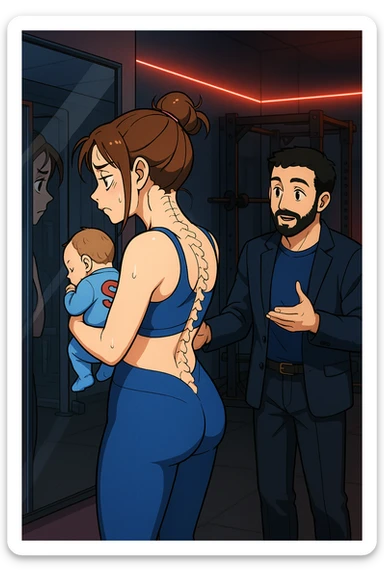ispirati a questo stile di disegno e fai questa immagine in versione manga/webtoon a colori, il manga mostra la donna che si guarda alla specchio preoccupata di profilo con la postura sbagliata e incurvata, spalle chiuse e curve in avanti, con un neonato in braccio con una tutina azzurra e la scritta "S" sulla schiena, spina dorsale storta della donna in evidenza mentre al suo fianco anche l'uomo guarda la donna riflessa nello specchio e le spiega una cosa, ma non fare i fumetti, fai come se stessero parlando sticker