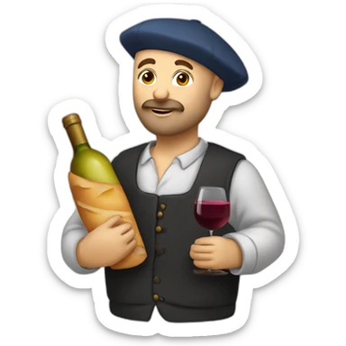 French bald man with beard, béret, baguette and wine sticker