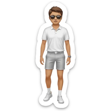 Handsome. Male. Short brown hair. Messy hairstyles. Sunglasses. Sexy pose. Full body. Wearing shorts.white golf shirt. White tekkies. Pool background  sticker