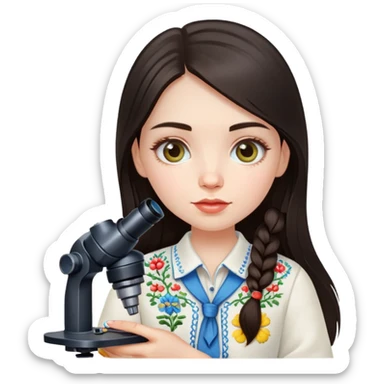 Ukrainian girl with dark hair in traditional embroidered shirt holding a microscope sticker