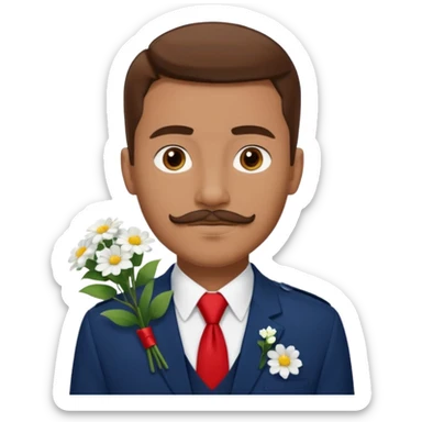 Homme avec bouquet fleurs blanches, avec uniforme bleu foncé cravate rouge, arabe raie sur le coté, brun un peu bronzé et yeux marrons 23 ans bouc moustache sans fleurs sur le costume  sticker