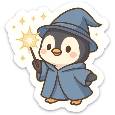 a cute penguin wizard casting a spell, wearing a robe and holding a wand, magical sparkles around sticker