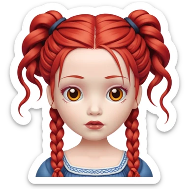 Scary doll with red hair in braids sticker