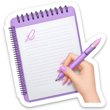 woman's hand with soft lilac nails writing in a notebook with a pastel pink pen sticker