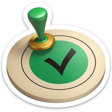 A stamp pressing down on a paper sheet, leaving a green circular mark with a check symbol inside, representing approval or verification. sticker