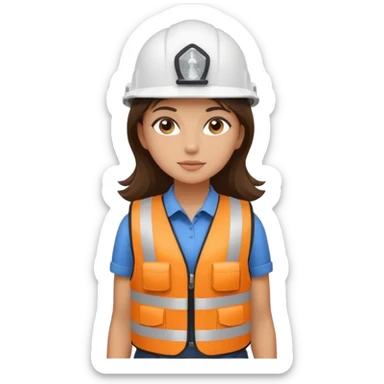 Brunette brown Girl full body standing with her white security helmet and security vest that fits her big on, also with her black backpack. Full body sticker